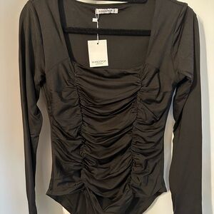 Mango Black Ruched Long-Sleeve Bodysuit
